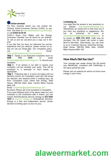 UK Green Star Energy energy utility bill Word and PDF, formats 3,